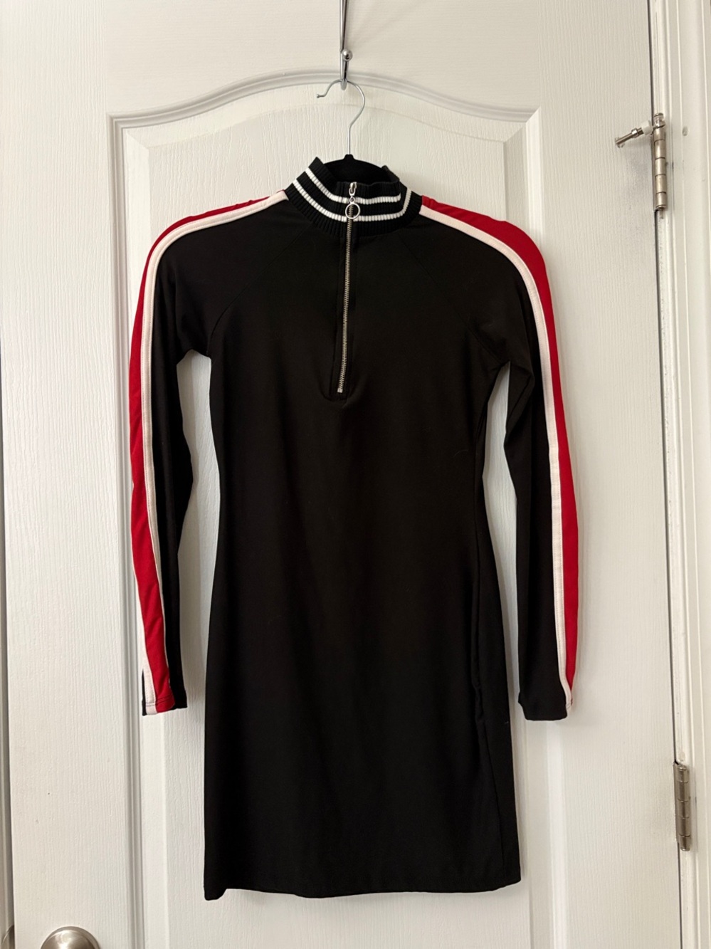 Black Long-Sleeve Racer Sporty Zip-Neck Dress with Red & White Stripes